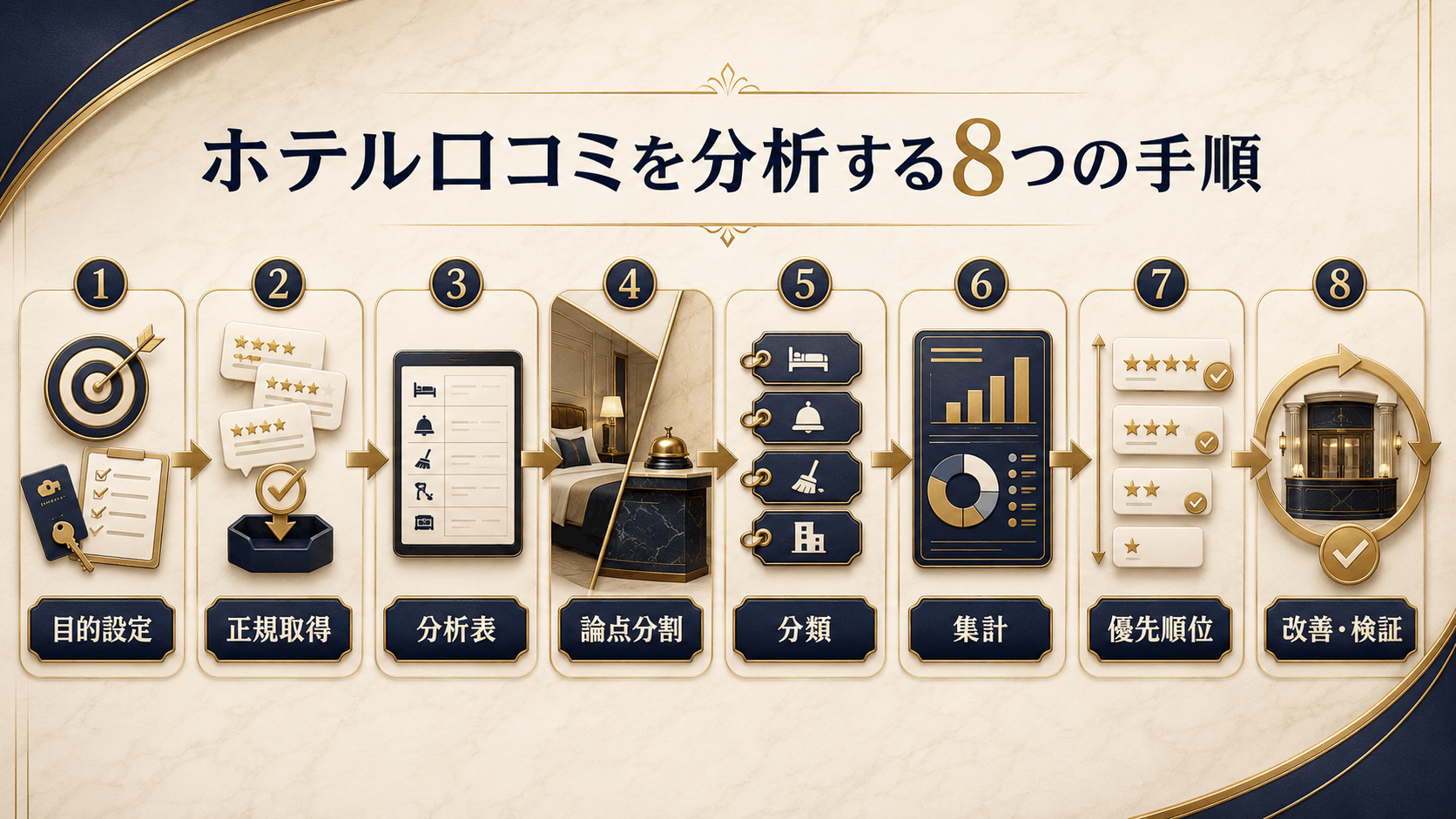 ホテルの口コミを目的設定から改善と検証まで進める8段階の分析フロー