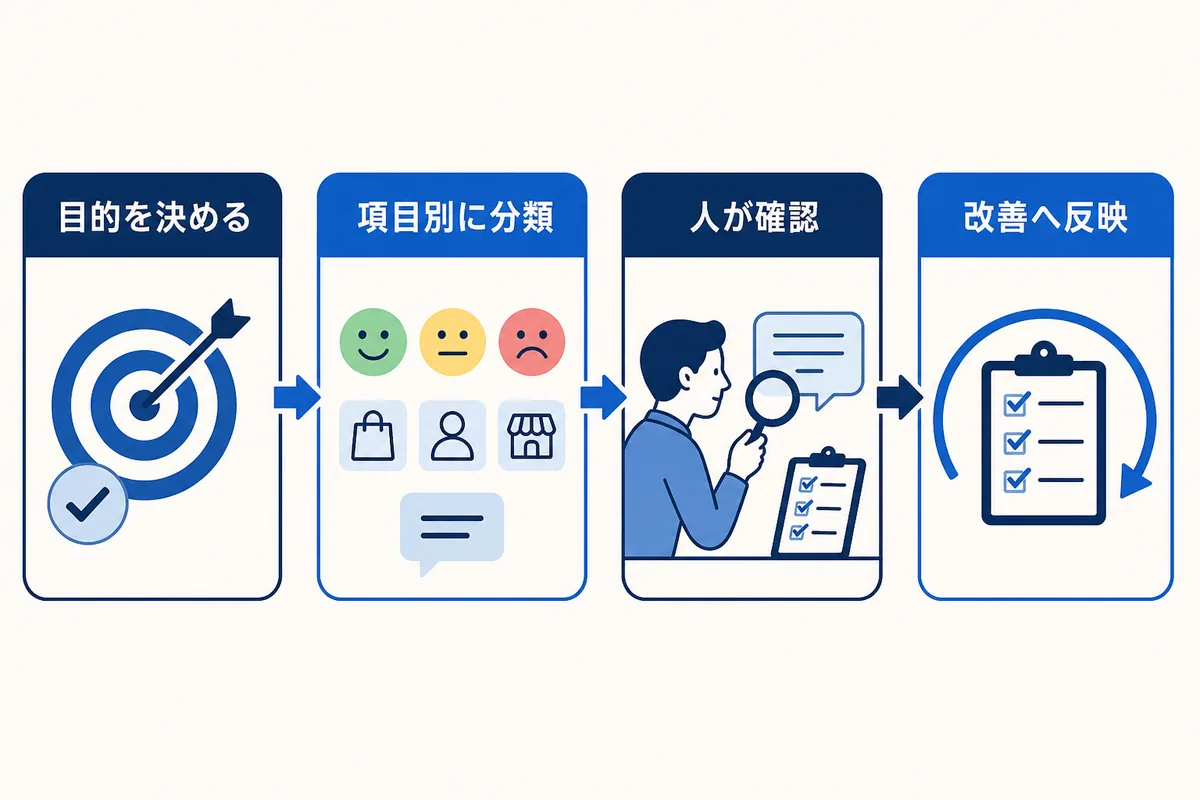 Google口コミを目的設定、項目別分類、人の確認、改善反映へつなぐ感情分析の流れ