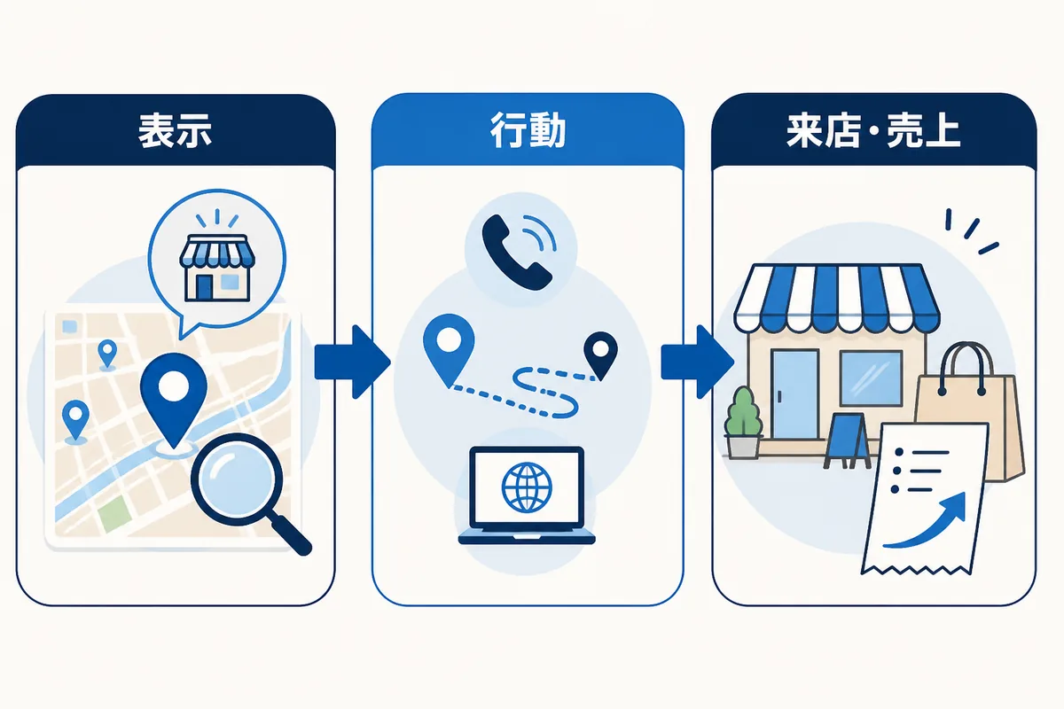 MEOのKPIを表示、行動、来店・売上の3段階でつなぐ説明図