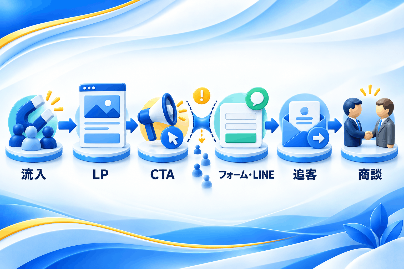 流入からLP、CTA、フォーム・LINE、追客、商談までのWeb集客後の導線を示す図
