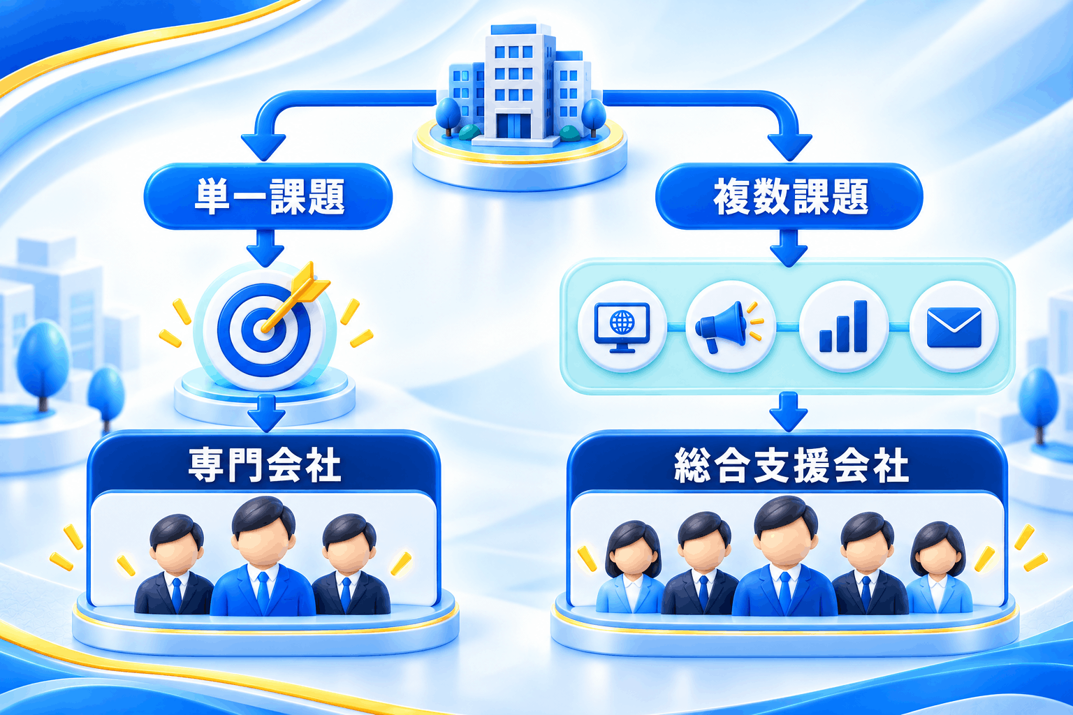 単一課題なら専門会社、複数課題なら総合支援会社を検討する選び分けの図