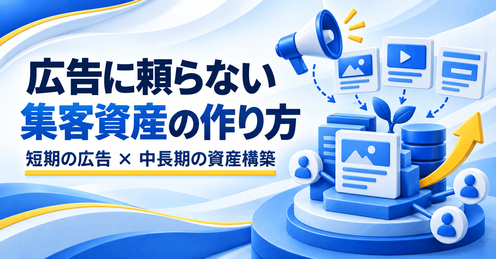 広告に頼らない集客資産の作り方と、短期の広告・中長期の資産構築を並行する考え方を示すアイキャッチ
