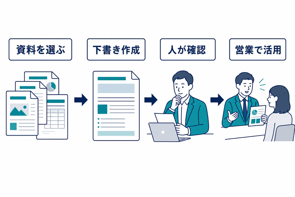 資料を選び、AIで下書きを作成し、人が確認して営業で活用する流れ
