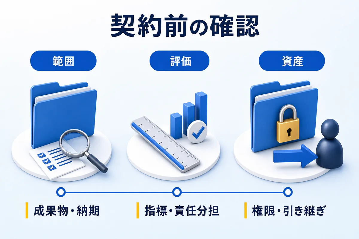マーケティング外注の契約前に範囲・評価・資産を確認する三つの観点